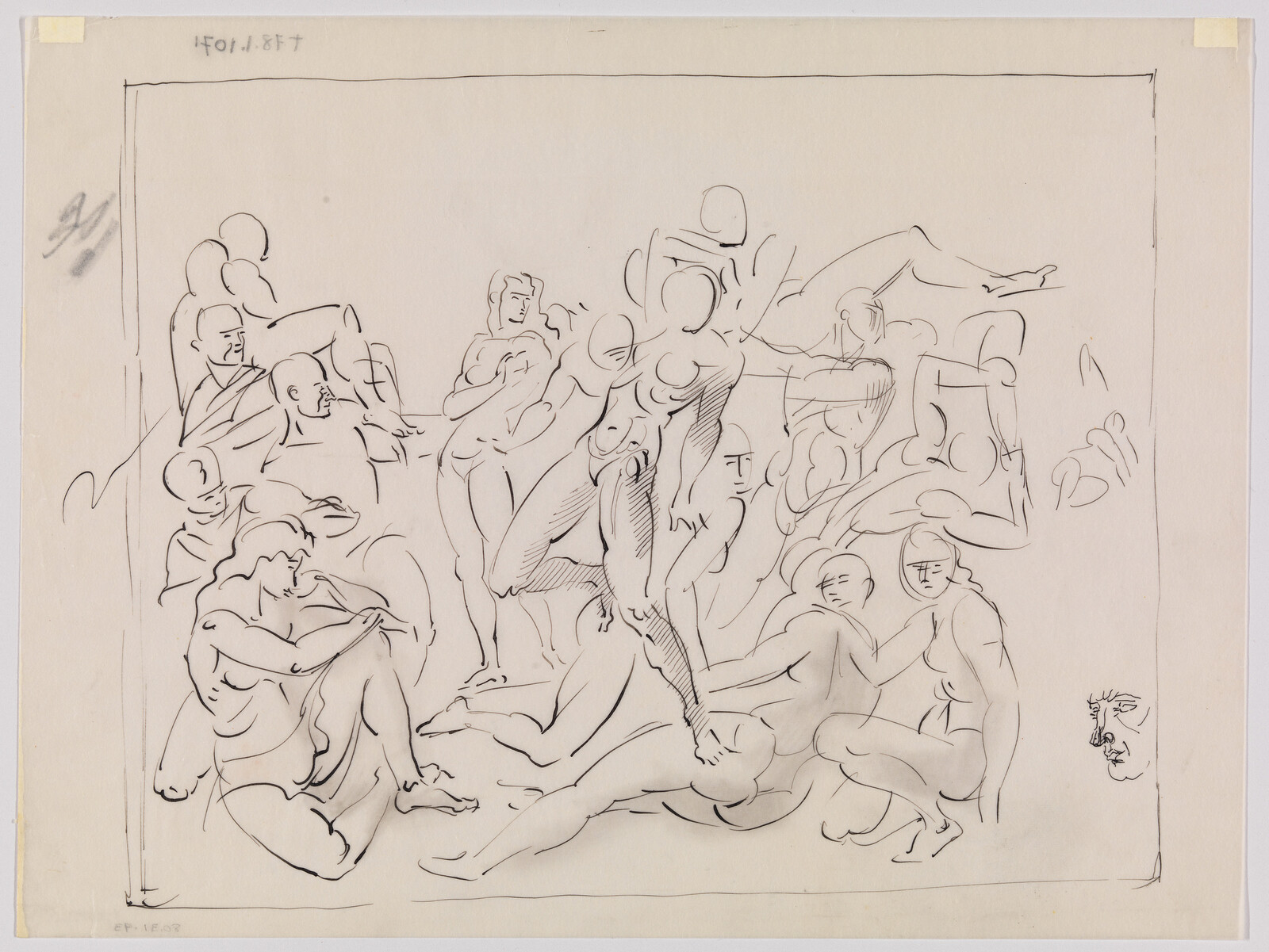A loose ink sketch shows a central standing nude surrounded by multiple reclining and seated figures.