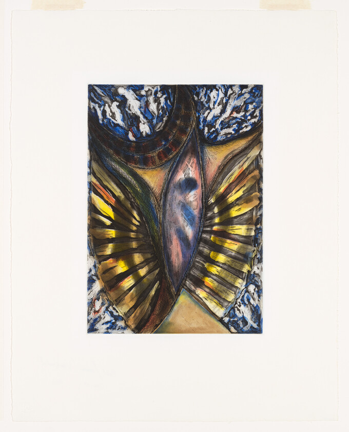 A vibrant, abstract artwork featuring a central, symmetrical, organic shape with a mix of dark and warm colors, flanked by wing-like patterns with yellow and black stripes. The background has a marbled blue and white texture, and the piece is mounted on a plain, off-white paper with rough edges.