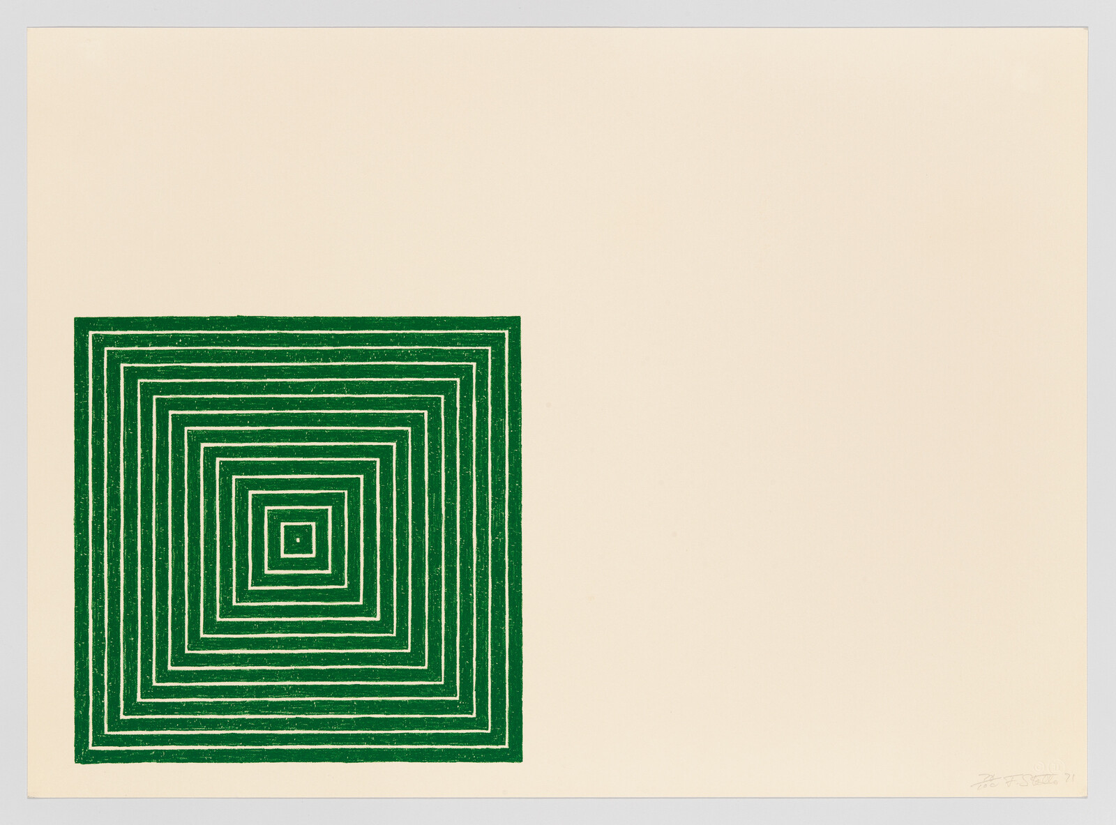 Green concentric square pattern sits on the lower-left of a plain beige background.