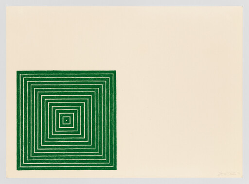 Green concentric square pattern sits on the lower-left of a plain beige background.