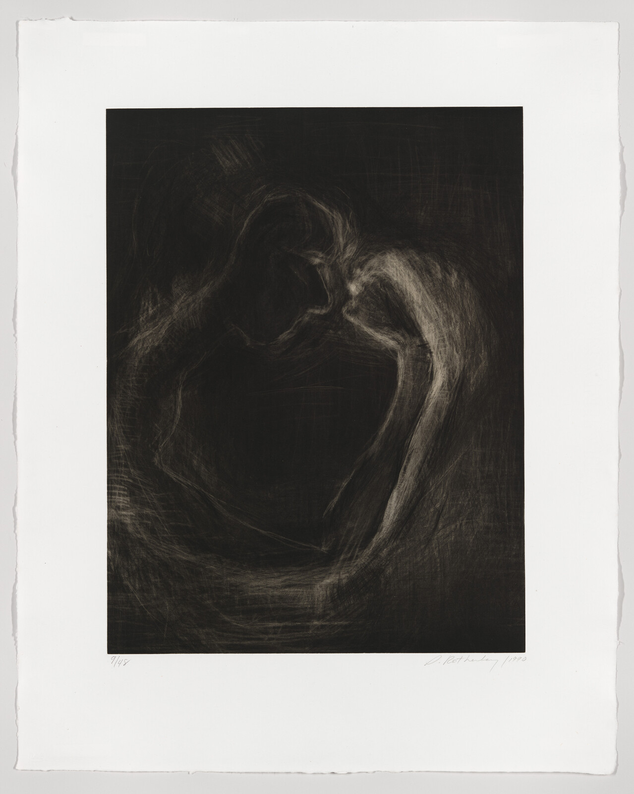 A monochromatic artwork depicting an abstract figure that appears to be in a curled or fetal position, executed with dynamic, expressive lines against a dark background. The image is centered on a white paper with the artist's signature and the year 1990 in the lower right corner, and a fraction, possibly denoting the print number, in the lower left corner.