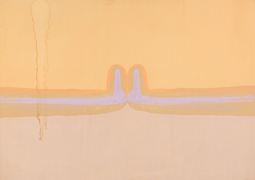 Abstract painting with horizontal layered bands and a central twin-peaked rise in pastel peach and lavender.