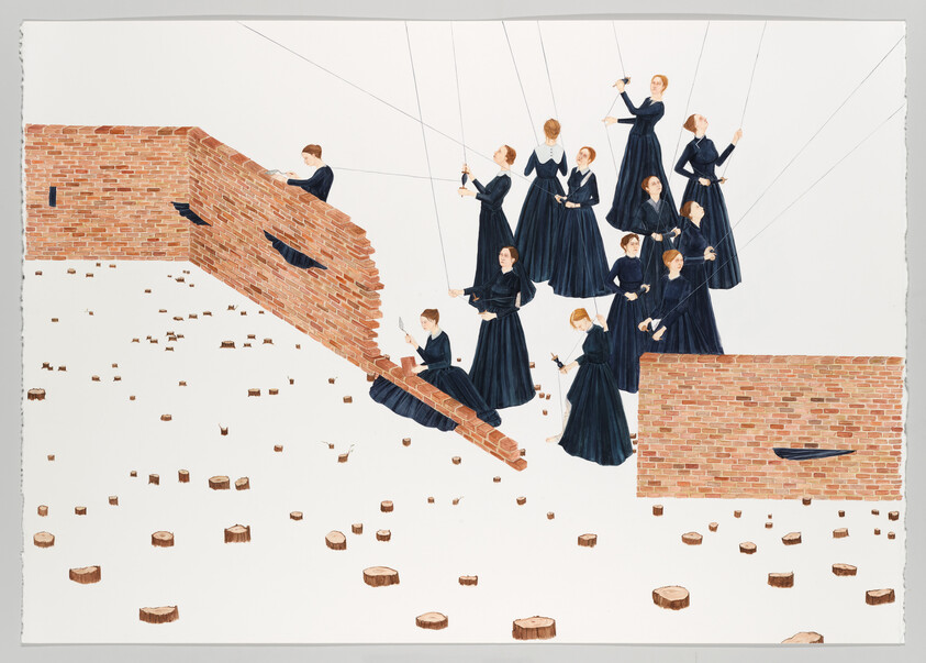 A group of women in dark dresses suspended by strings dismantle brick walls, leaving stumps scattered below.