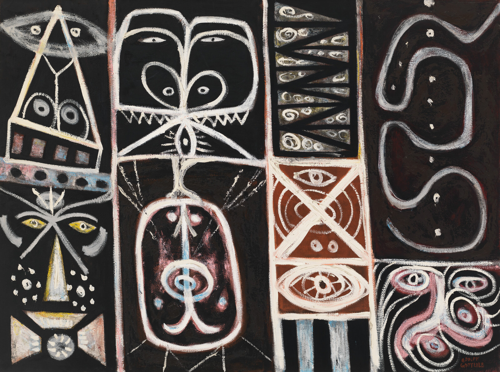 Abstract painting with geometric shapes and faces in black, white, and brown tones.