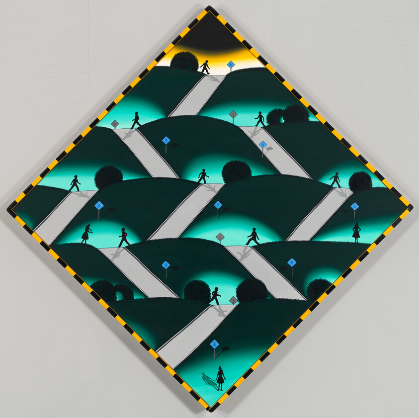 Diamond-shaped artwork showing repeating walking paths and silhouetted pedestrians on rolling green hills.