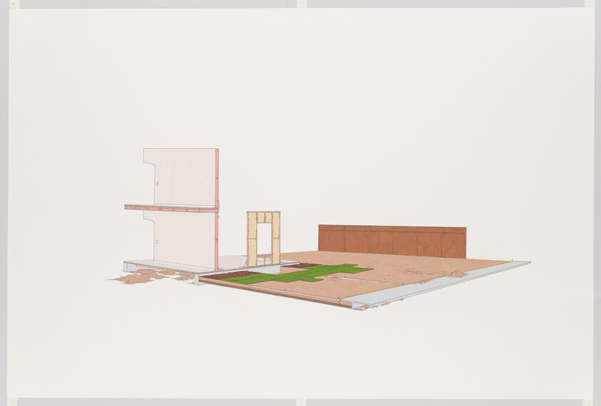 Partial building model shows foundation, two wall sections, and small grassy areas on plain background.