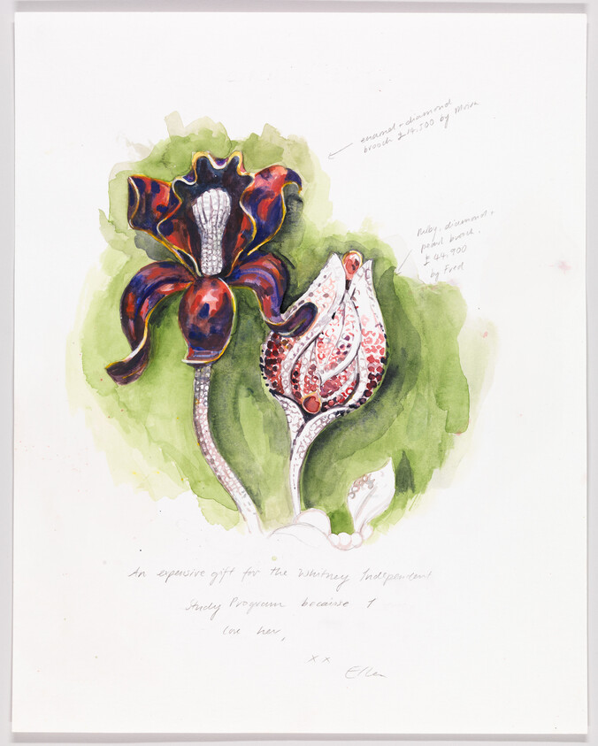 Two jeweled flower sketches with red and purple petals set against a green watercolor background.