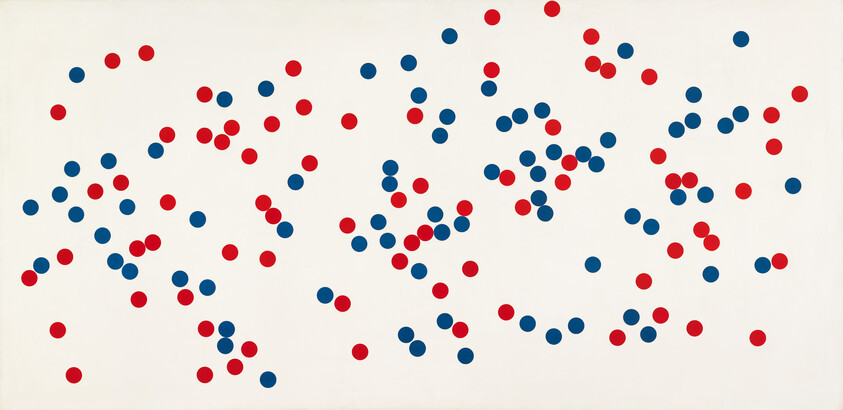 Red and blue dots scattered across a white canvas in an abstract pattern.