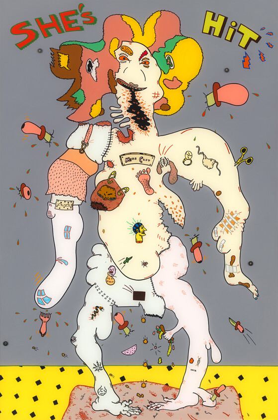 Abstract figure with colorful hair and various objects attached. Text reads "SHE'S HiT" at the top.