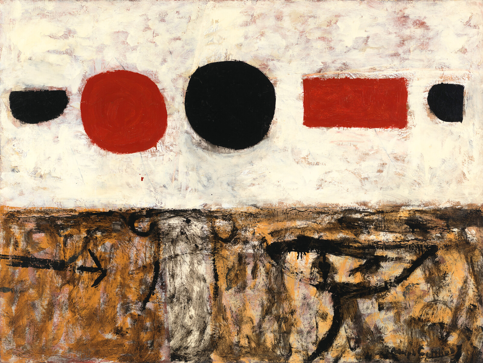 Abstract painting with red and black shapes above, and a textured brown and black area below.