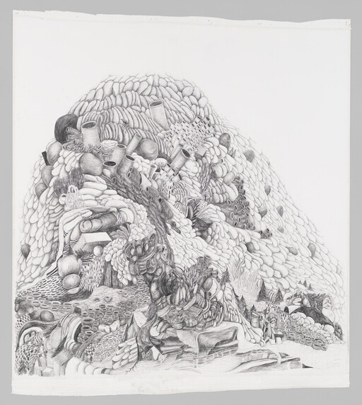 A detailed pencil drawing of a textured organic mound made of tubes, stones, and layered forms.