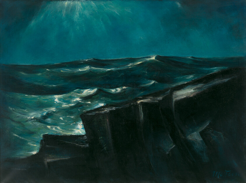 Dark rocky cliffs overlook a churning teal sea under a moody sky with light rays.