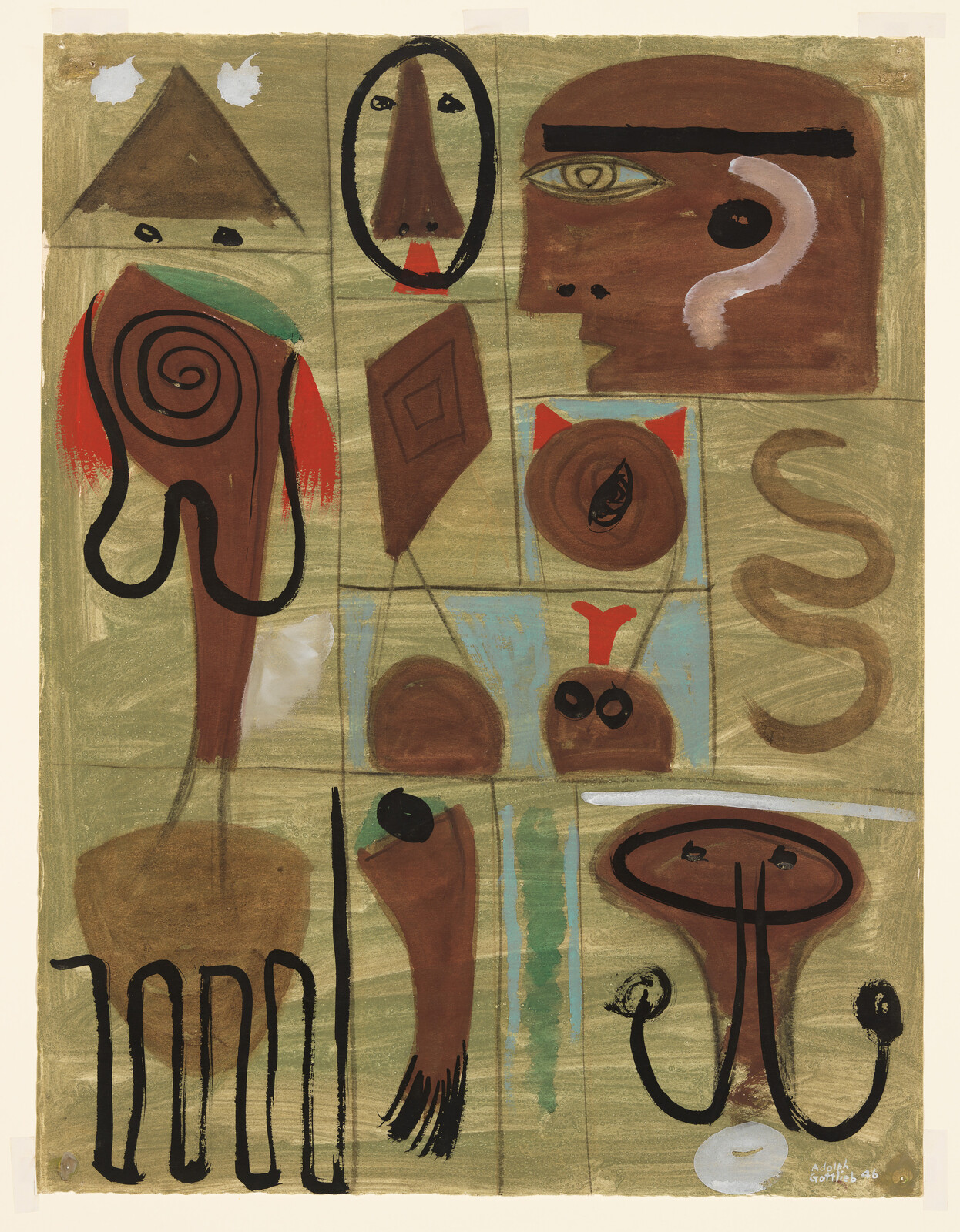Abstract grid of stylized faces, shapes, and symbols painted in brown, red, and black.