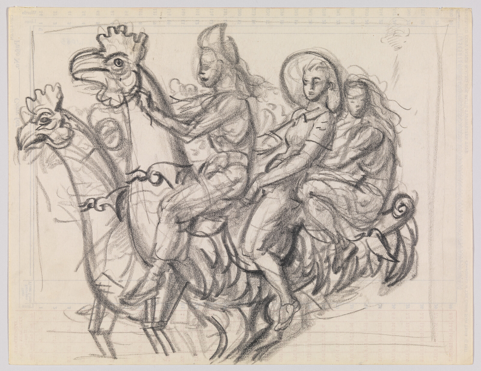 Three women ride large rooster-shaped carousel figures in a loose charcoal sketch.
