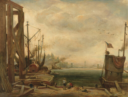 Workers and boats gather along a foggy harbor with an American flag flying on a docked vessel.