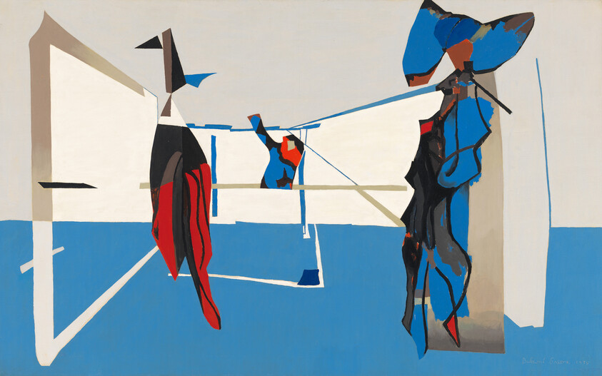 Abstract painting showing suspended fabric-like shapes connected by thin lines above a blue floor.