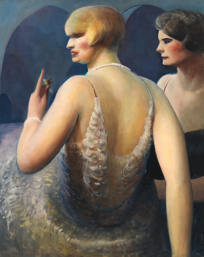 A woman in a backless beaded dress holds a cigarette while another woman watches behind her.