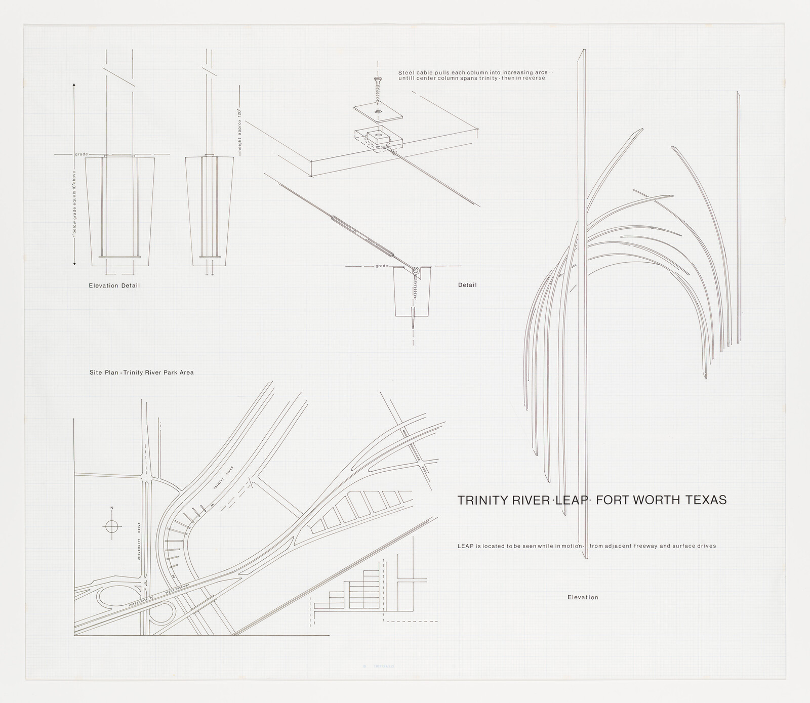Architectural plans and elevation for the Trinity River Leap sculpture showing arcing columns and site layout.