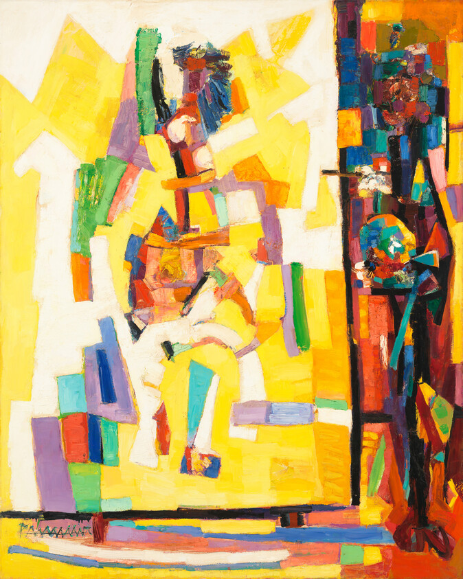 Bright abstract painting of a seated figure composed of colorful geometric shapes.
