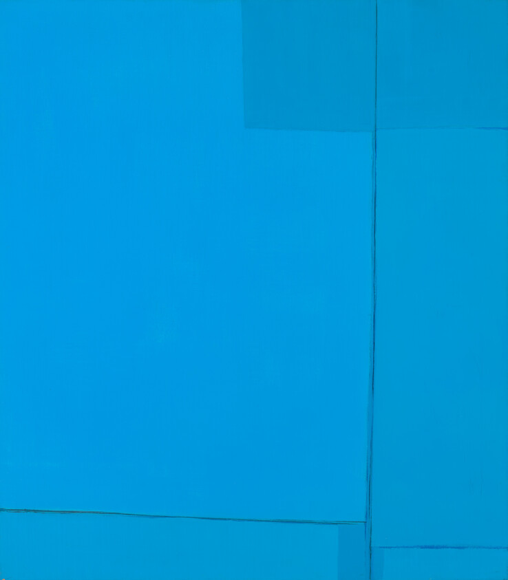 Large blue abstract painting showing overlapping rectangular panels separated by thin dark lines.