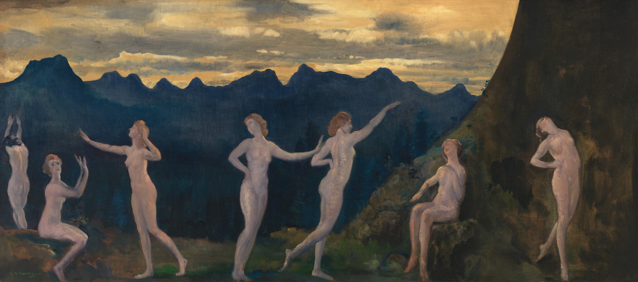 Seven nude women dance and pose on a rocky hillside against a dark mountain skyline at dusk.