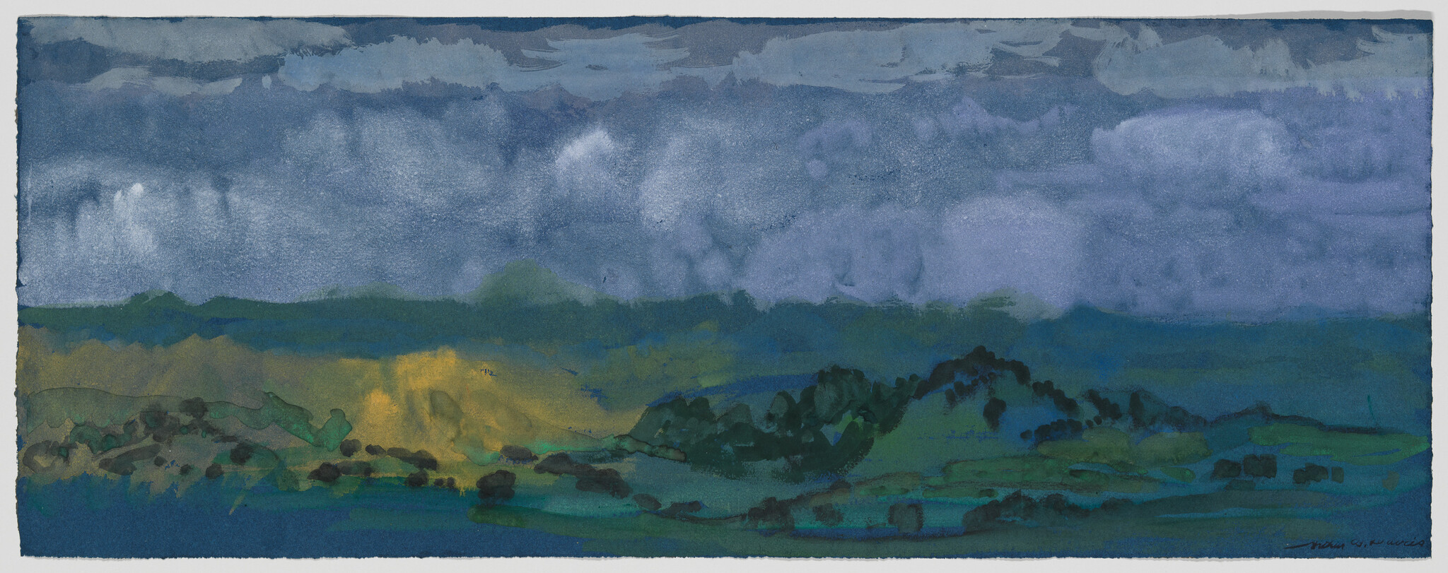 A stormy blue sky looms over green hills with a bright yellow field glowing below.