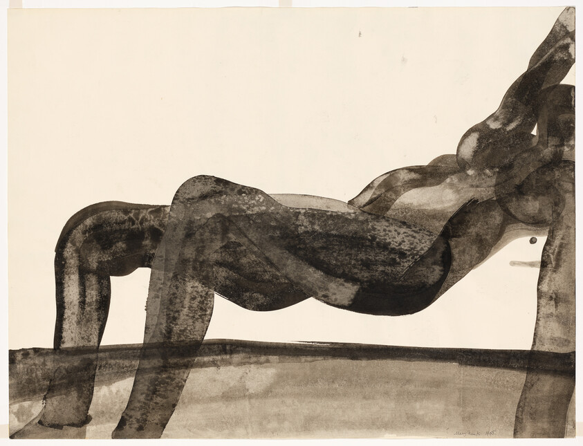 A dark ink figure arching in a bridge pose with hands and feet on the ground.
