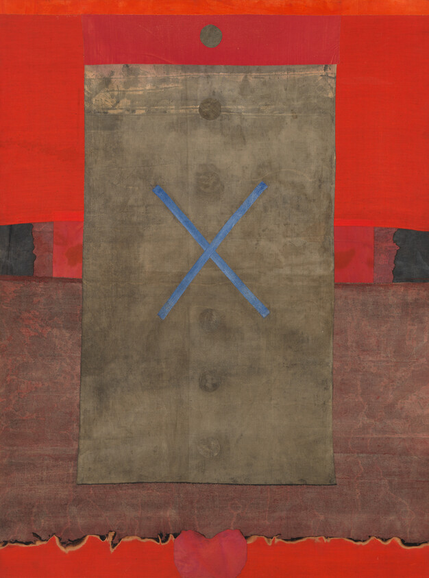 Large hanging gray panel with a blue X centered against a red textured background.