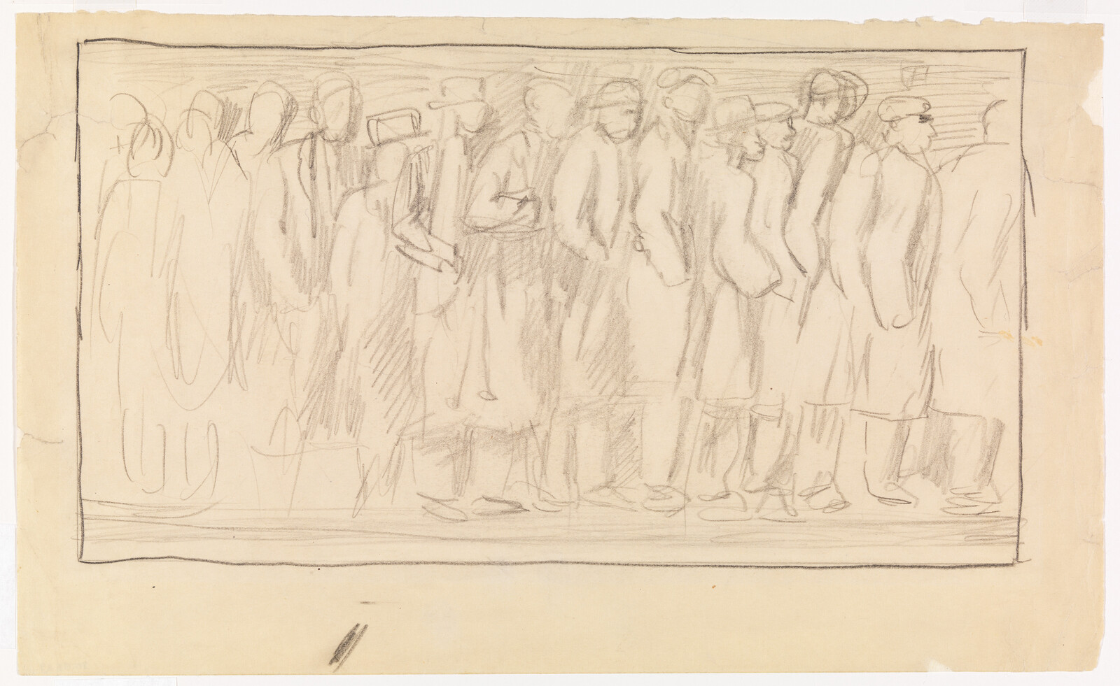 Sketch of a group of indistinct figures standing in a line, possibly waiting or queuing, drawn in pencil on aged paper with rough edges and a few smudges.