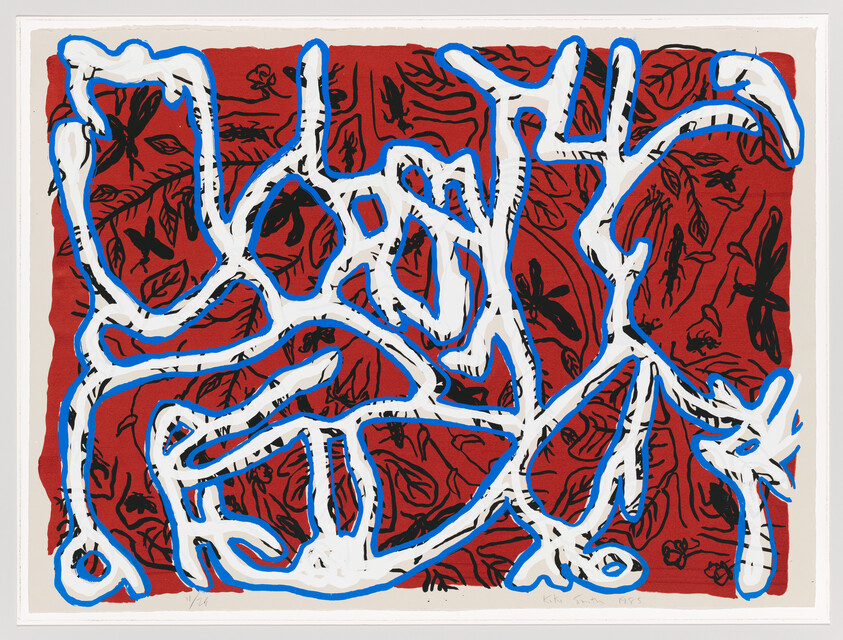 Large abstract painting with bold white and blue looping lines over red background with black floral sketches.