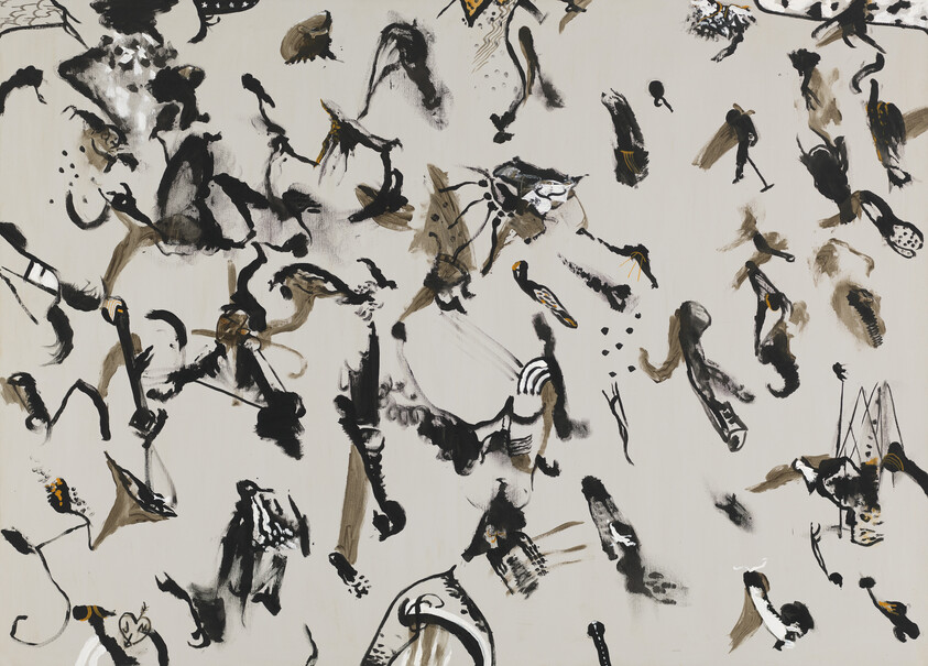 Abstract black and brown brush strokes scattered across a light background suggesting small figures and shapes.