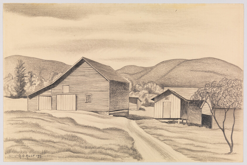 Two wooden barns and smaller outbuildings beside a dirt road with rolling hills behind.