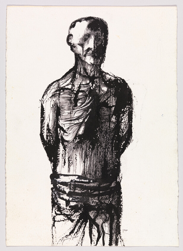 A rough ink drawing of a standing figure with arms bound behind the back and wrapped waist.