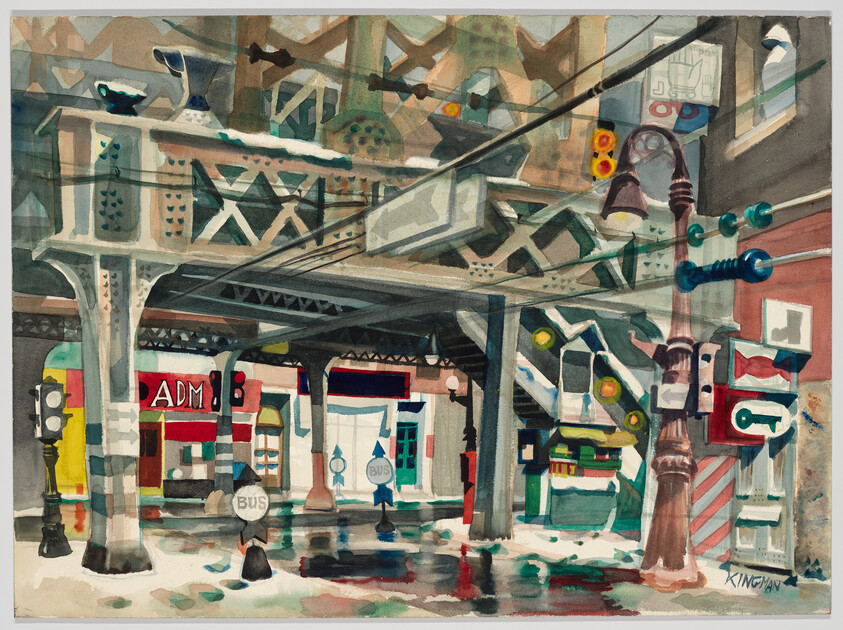 Elevated railway structure over snowy city street with bus stops and storefronts.