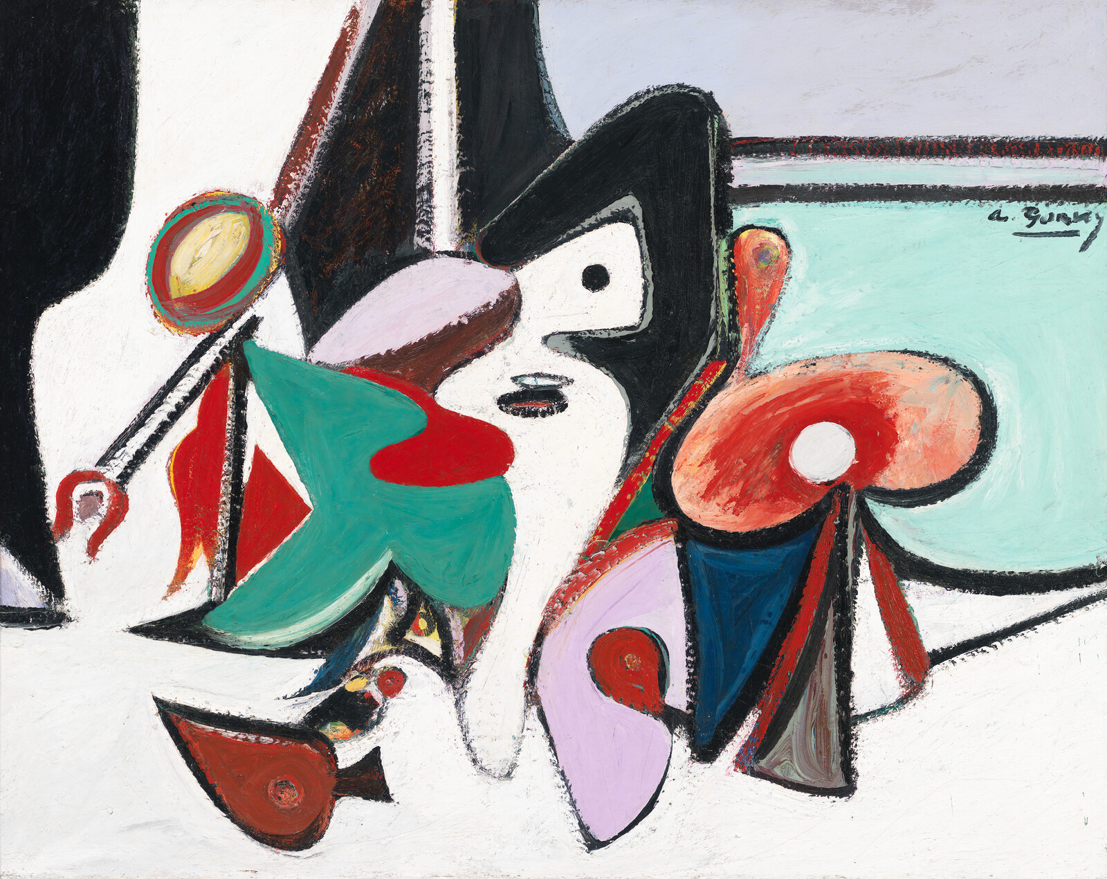 Abstract painting with colorful geometric shapes and bold lines, featuring a signature in the top right corner.