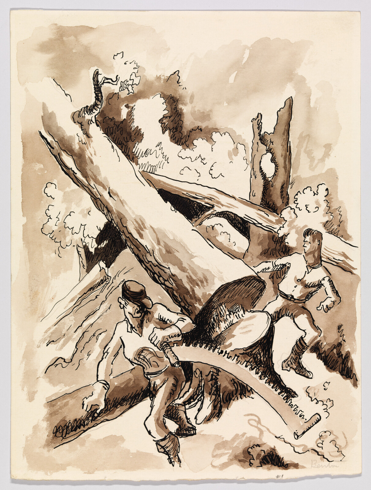 Two men saw through a large fallen tree with a long crosscut saw in a forest.