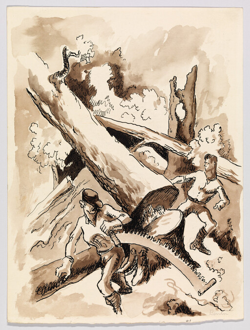 Two men saw through a large fallen tree with a long crosscut saw in a forest.