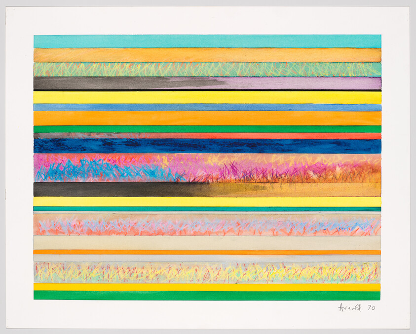 Bright abstract painting of horizontal colorful stripes with textured bands and varied brushwork.