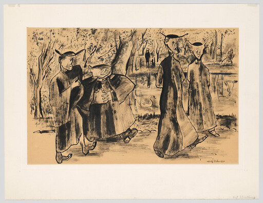Four robed clergymen walk together along a park pond while swans swim nearby.