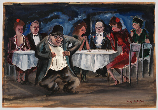 A rotund man kneels before a table of well-dressed diners, holding a pocket watch chain.