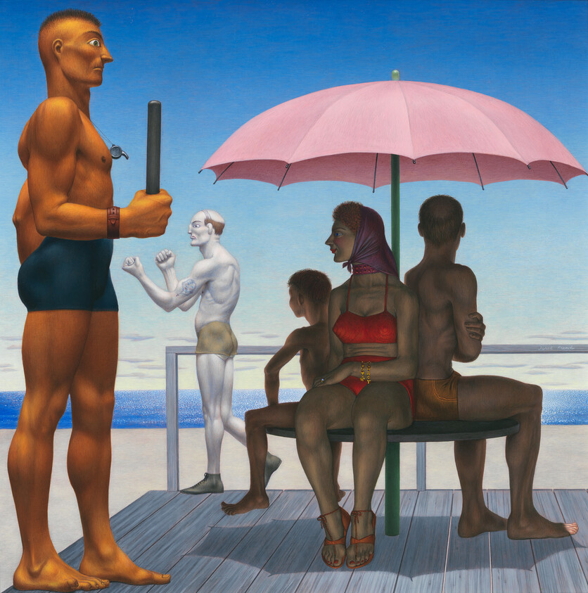 People in swimsuits sit under a pink umbrella on a beach, with a lifeguard standing nearby.