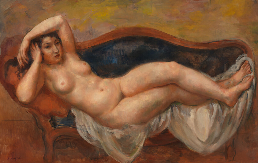 A nude woman reclines on a curved sofa with a white drape beneath her.