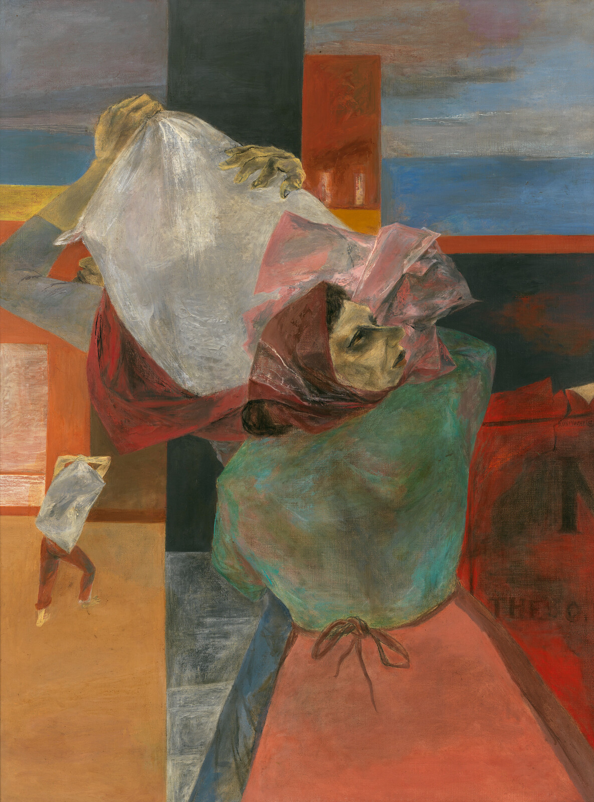 A person in a headscarf carries a large white sack, with abstract shapes in the background.