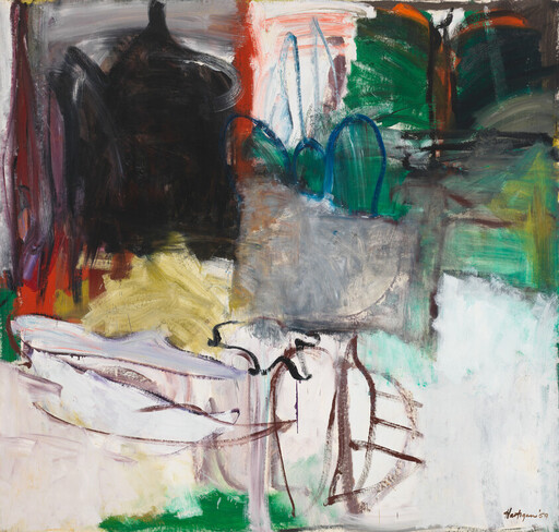 Abstract painting with a dark teapot silhouette and green plant-like shapes amid broad brushstrokes.