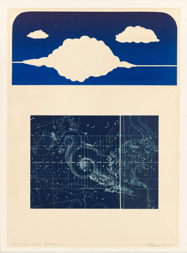 Blue sky with white clouds over a detailed star chart showing the Capricorn constellation.
