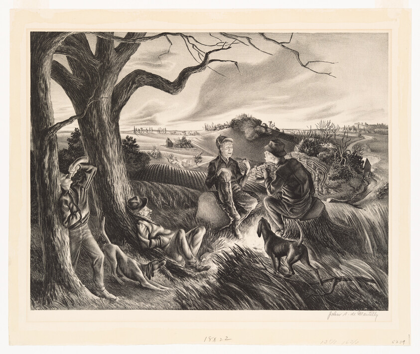 Four men and a dog rest and talk under a tree in a rolling farmland landscape.
