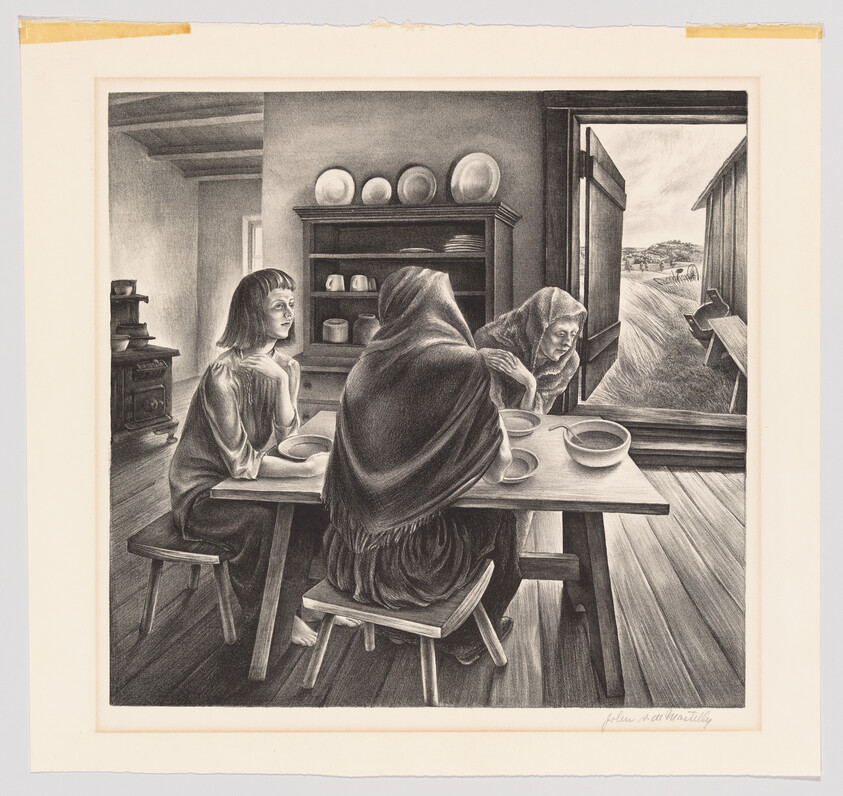 Three women sit at a wooden table with empty bowls while one leans toward an open door.