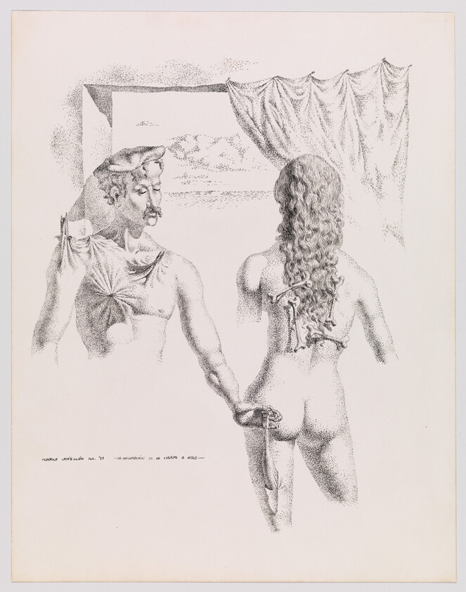 A shirtless man holds hands with a nude woman seen from behind, a small dagger near her hip.