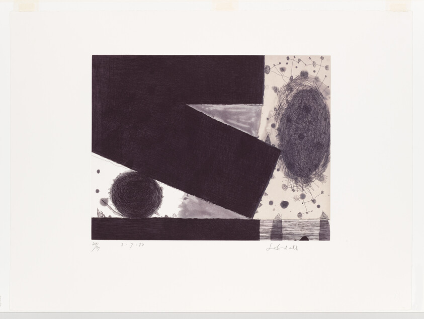 Large dark tilted rectangle rests above a scribbled circle and patterned oval on a pale background.