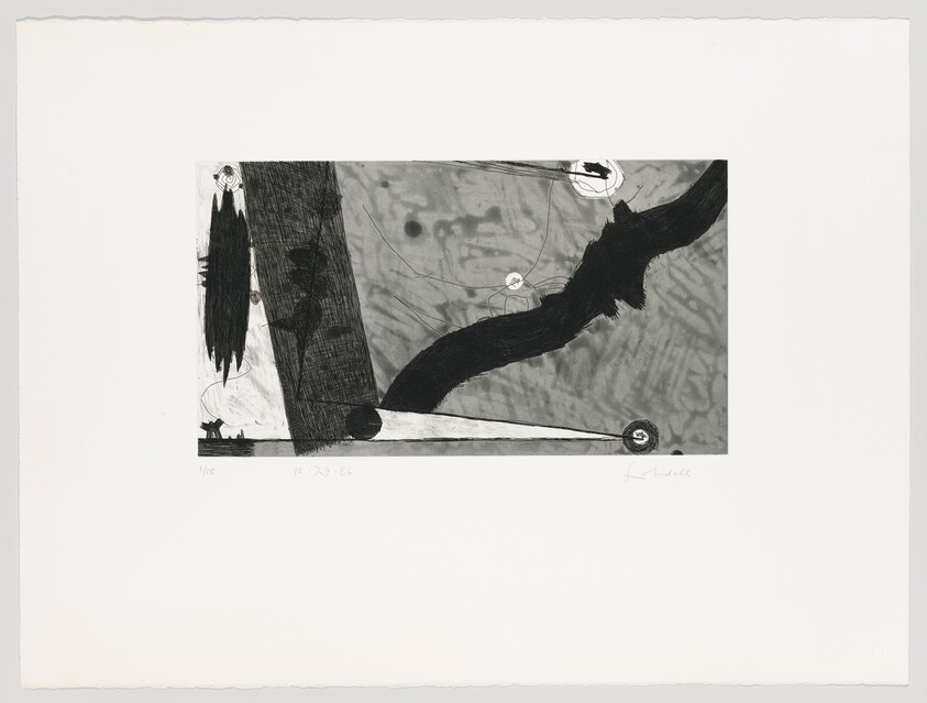 Abstract black-and-white print with a thick curved black form crossing a textured gray background.